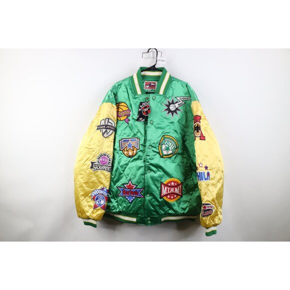 Deadstock Vintage 90s Mens 3XL NBA Basketball Quilted Satin Bomber Jacket Green